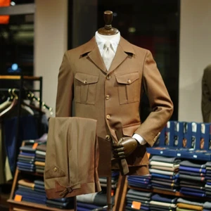 Brown Men Safari Jacket Casual 2Pcs Jackets Hunting Jacket British Style Blazer - Picture 1 of 17