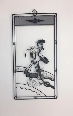 Vintage Antique Metal Painting Chinese Picture Lady is Playing Music Instrument - Image 1 of 3