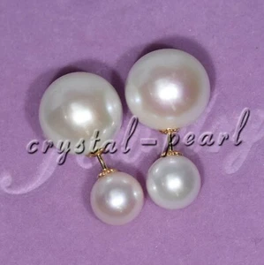 AAAA Real natural white pearl earrings 18K yellow gold 11-10mm+7-8mm A PAIR - Picture 1 of 5
