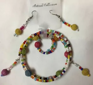 3 pc Jewelry Set Multi Color Colorful Seed & Rose Beads Ring Earrings Bracelet - Picture 1 of 7