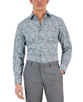Camisa social masculina Bar III arte slim fit estampa floral manga longa azul oliva - Imagem 1 de 3