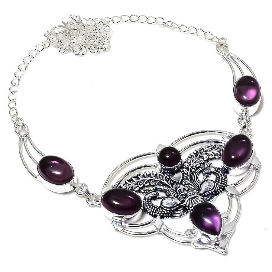 Collar de joyería de plata de ley 925 hecho a mano con piedras preciosas de amatista púrpura talla 18" Foto 1 de 1