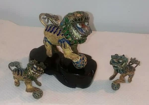Vintage kleines Cloisonné Netz Foo Hunde Löwen 3 tlg Set filigran und Emaille  - Bild 1 von 12