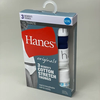 HANES 3 PK Originales Para Mujer Algodón Elástico Tanga Ropa Interior Talla 9/2XL Azul Marino/Blanco Foto 1 de 4