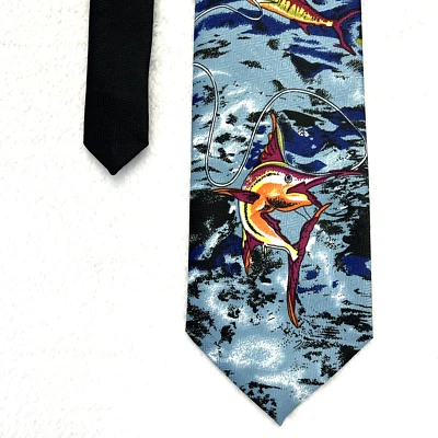 Corbata Fratello negra tema pesca para hombre 3,75”x58” 100 % seda hecha a mano Corea Foto 1 de 4