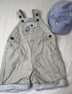 Gymboree Baby Peter Rabbit Overalls & Hat 6-12 mos Tan Blue Stripes - Image 1 of 4