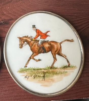 CYRIL GORAINOFF Signed Sterling Silver rim Horse Milk Glass Coaster vintage - Image 1 of 4