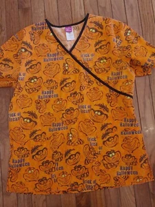 Disney Women Sz M Orange Trick or Treat Cheshire Cat Halloween Scrub Top - Picture 1 of 12