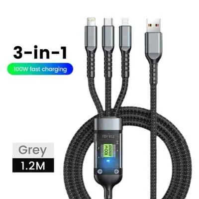 3-in-1 100W 5A Fast Charging USB To Type-C Micro Fast Charger Cable For iPhone 1 - Image 1 of 4
