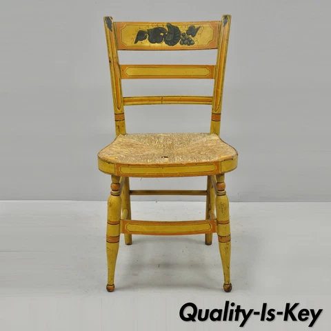 Early 19th C Bentwood Slat Back Rush Seat Yellow Paint Stenciled Dining Chair B Cover
