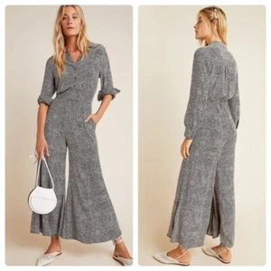 NWT ANTHROPOLOGIE Loveland Black White Dotted Wide Leg Flowy Jumpsuit Size 8P - Picture 1 of 15