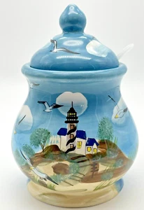 Jarra de azúcar gaviota faro de cocina sincera Youngs con tapa pintada a mano - Imagen 1 de 11