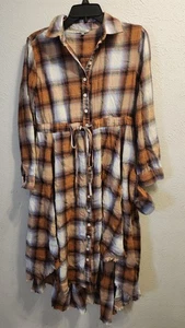 JODIFL Shirt Dress Womens Small Brown Plaid Drawstring Waist Raw Frayed Hem - Picture 1 of 19
