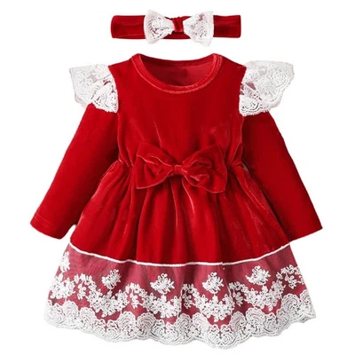 Baby Mädchen Kleider Hochzeit Samt Bowknot Weihnachts Outfits Erster Geburtstag - Bild 1 von 3
