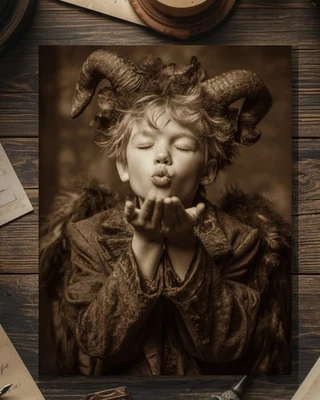 Tarjeta gótica vintage victoriana demonio niño soplando beso gracias felicitaciones Foto 1 de 4