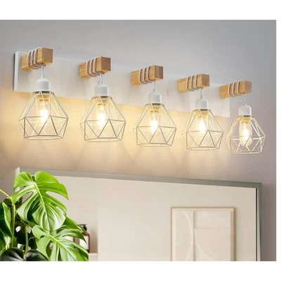 New in box Farmhouse Vanity Light 5 Light White Wood Rustic Sconce Wall Lighting - Image 1 of 4
