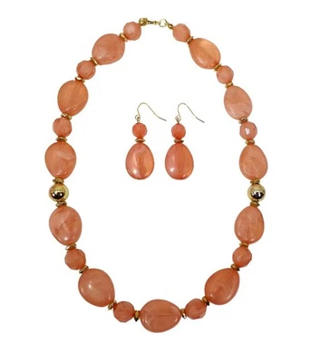 Juego de collar y pendiente de cuentas color rosa melocotón con cuentas ovaladas y redondas Nuevo Foto 1 de 4