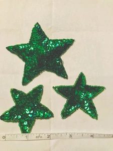 3 Vintage Green Stars Sequined  Beaded Appliqué Holiday Embellishment 2 Sizes - Picture 1 of 5