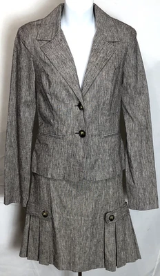 Terno saia vintage BCX 2 peças S marrom comprimento do joelho gola V forrado bainha plissada fenda traseira - Imagem 1 de 4