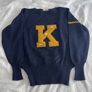 Vintage K Letterman Sweater Spaulding Blue Navy Golf Football Basketball Track - Picture 1 of 11