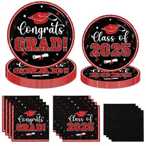 Graduation Plates Napkins 2025 200pcs Red Black Party Supplies Serve 50 - Picture 1 of 7