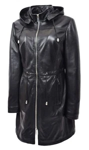 Womens Real Leather Jacket Black Trench 3/4 Long Duffle Detachable Hood Coat NEW - Picture 1 of 9