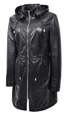 Womens Real Leather Jacket Black Trench 3/4 Long Duffle Detachable Hood Coat NEW - Image 1 of 4
