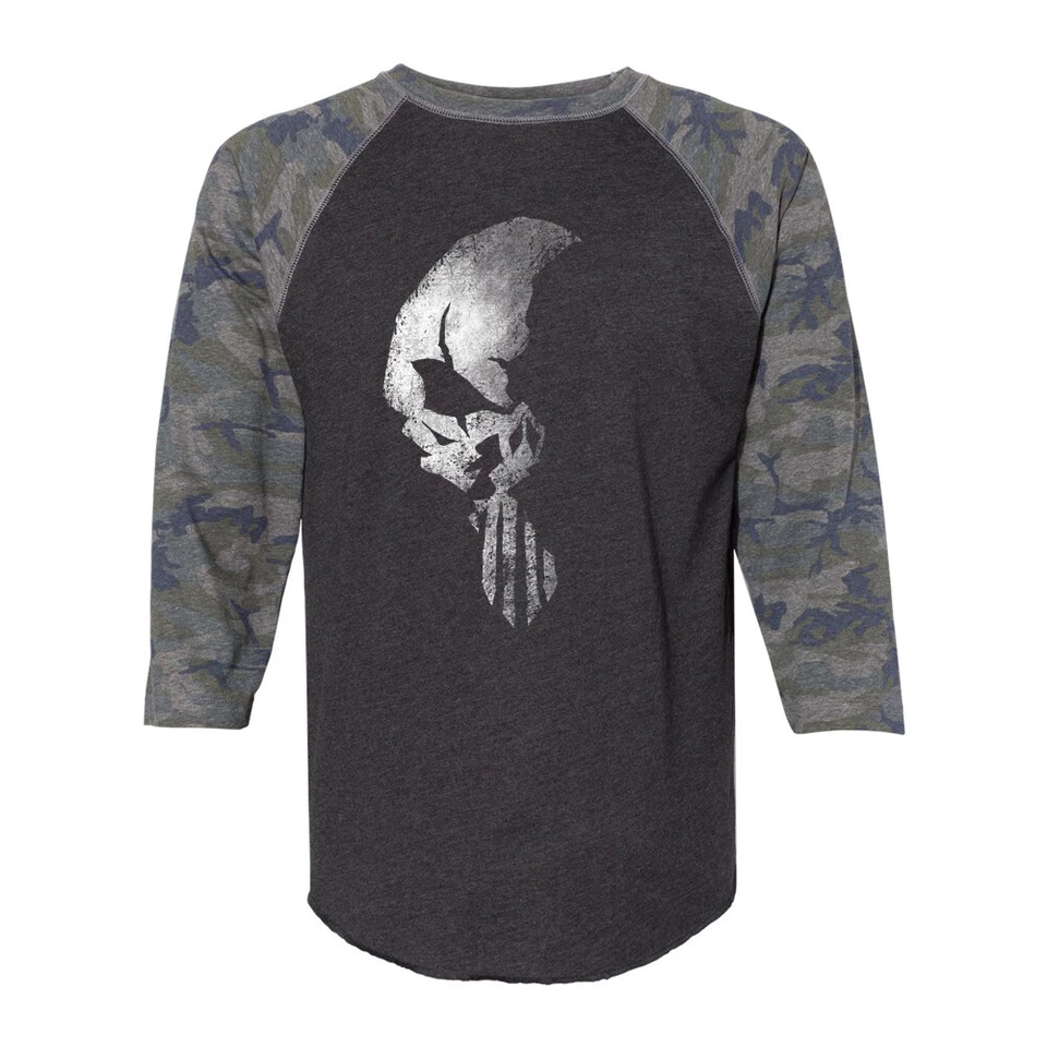 Camiseta The Punisher Skull Vintage Camuflada Negra Raglán Manga 3/4 Gráfica Camiseta  - Imagen 1 de 1