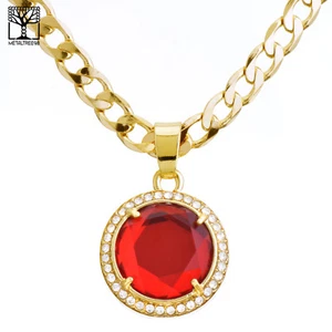 Men's Hip Hop Red Ruby CZ Pendant 20" / 22" Cuban Chain Necklace Set CP 220 G - Picture 1 of 4