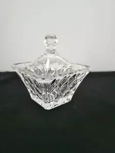 Crystal Glass Covered Candy Dish Square Diamond Point Cut - Picture 1 of 11