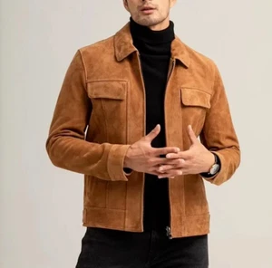 Leather Trucker Jacket for Men Brown Pure Suede Custom Made Size S M L XXL 3XL - Picture 1 of 7