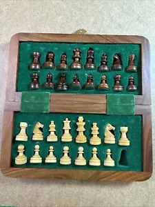 Vintage Wood Travel Chess Set 7.5”x7.5” Missing One Pawn with Case - Picture 1 of 22