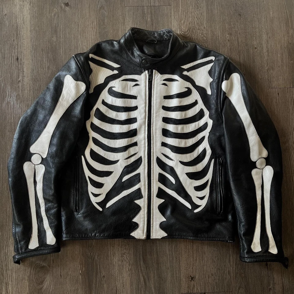 Men's Leather Jacket Motorcycle Skeleton Biker Genuine Cow Leather Jacket - Image 1 of 3