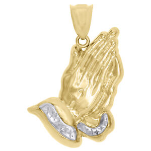 Real 10K Yellow Gold Two Tone Diamond Cut Praying Hands Pendant Charm 1.50"