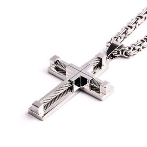 Big Cross Pendant Necklace  Stainless Steel Byzantine Chain For Mens Boy 24''