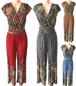 Women Beach Summer Casual V Neck Floral Romper Paisley Wide Leg Jumpsuit  - Picture 1 of 13