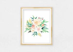 Impresión artística de decoración de vivero floral crema rosa con flores de acuarela - Imagen 1 de 5