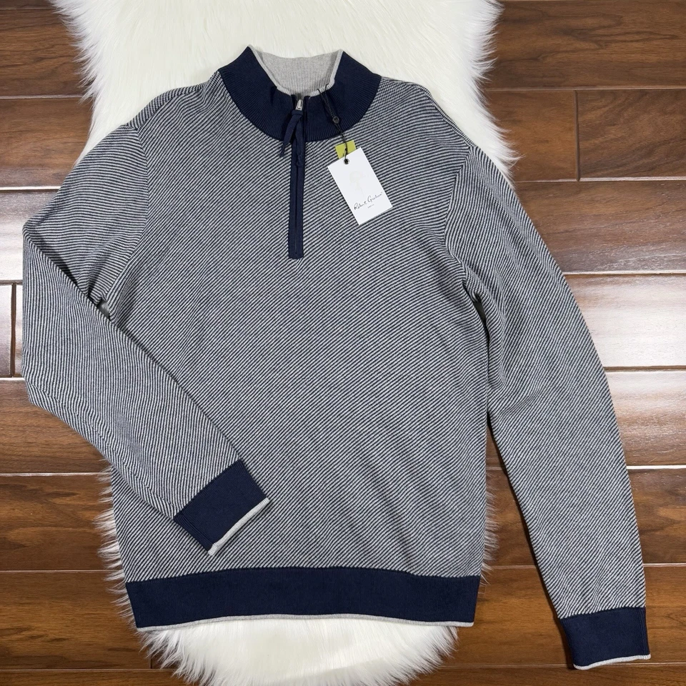 Suéter Pullover Robert Graham Para Hombre Talla Grande Azul Rayas Calabria Cuarto Cremallera Foto 1 de 4
