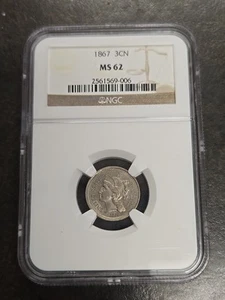 NGC MS-62 MS62 1867 Nickel Three Cent Piece 3C 3 Cent Coin NICE - Picture 1 of 4