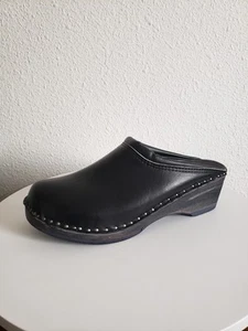 Troentrops of Bastad Sweden Mens Wooden Base Black Leather Clogs size 45/11.5-12 - Picture 1 of 18