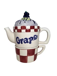 Juego de tazas de cerámica pintadas a mano de colección con patrón de uvas y cuadros con tapa - Imagen 1 de 12
