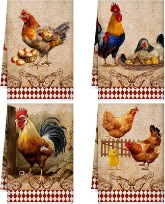 4pc Rooster Farmhouse Kitchen Towels 16x24 - Vintage Dish, Tea Cloth Decor  - Image 1 of 4