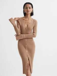 REISS AVERY RIB-KNITTED MIDI DRESS IN CAMEL SIZE S RRP:$360 - Picture 1 of 8