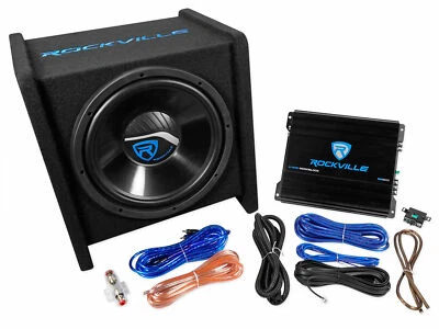 Rockville RV12.1C 600w 12" Loaded Car Subwoofer Enclosure+Mono Amplifier+Amp Kit - Image 1 of 4
