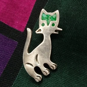 Vintage 1970s/ 1980s 925 Silver Mexican Cat Brooch Malachite Inlay Mexico Signed - Picture 1 of 9