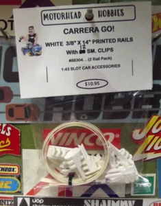 CARRERA GO 1:43, 2-WHITE 3/8" x 14" PRINTED GUARD RAILS & 12 SM. CLIPS, #88304 - Picture 1 of 1