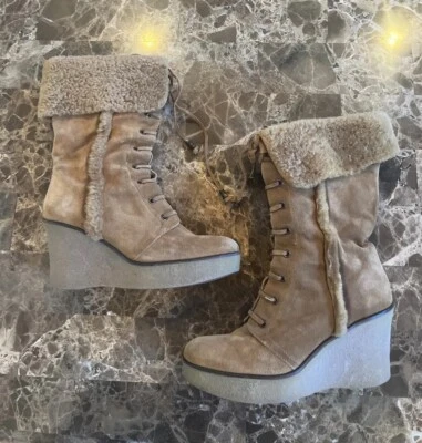 Bota Sherpa De Colección Y2K Cuña Imitación Piel de Oveja Tostada Grunge Kawaii Bratz Alaska Talla 8 Foto 1 de 4