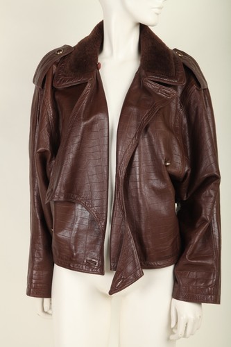 Bomber asimmetrico vintage marrone Gianni Versace in pelle con shearling