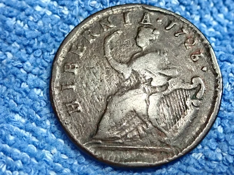 COLONIAL COIN: SCARCE 1723 OVER 1722 WOODS HALF PENNY IN VERY FINE CONDITION! Cover