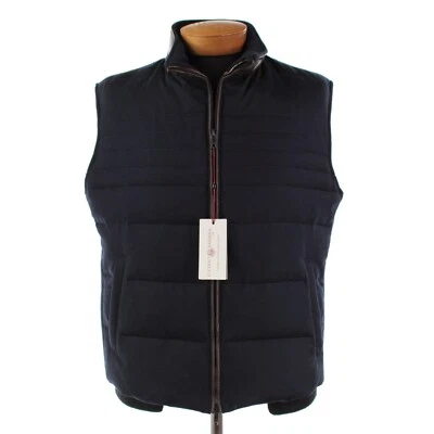 Chaleco de plumón de lana Luciano Barbera nuevo con etiquetas con detalles de cuero talla 56 (2XL EE. UU.) en azul Foto 1 de 4